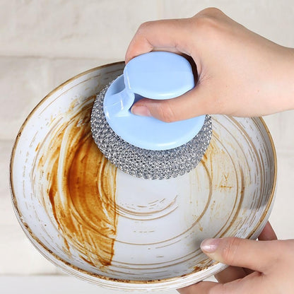 Stainless Steel Wool Scrubber with Handle Removable Cleaning Brush Heavy Duty Dish Scrubber for Cleaning Cast Iron, Dishes, Kitchen Pots, Pans, Grills, Stoves, Sink