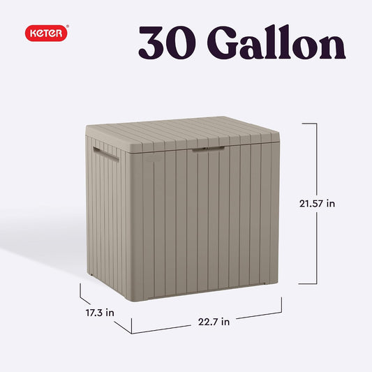 Keter City 30 Gallon Resin Outdoor Storage Box and Patio Furniture Side Table for Pool and Garden Accessories, Brown