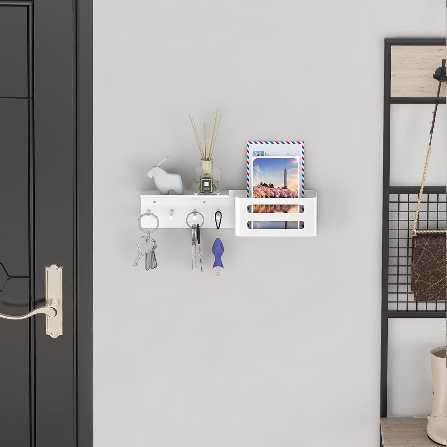 MKO Key Holder Wall Mount, Key Holder Wall Mount Adhesive with Mail Organizer Tray with 6 Key Hooks for Wall, Black