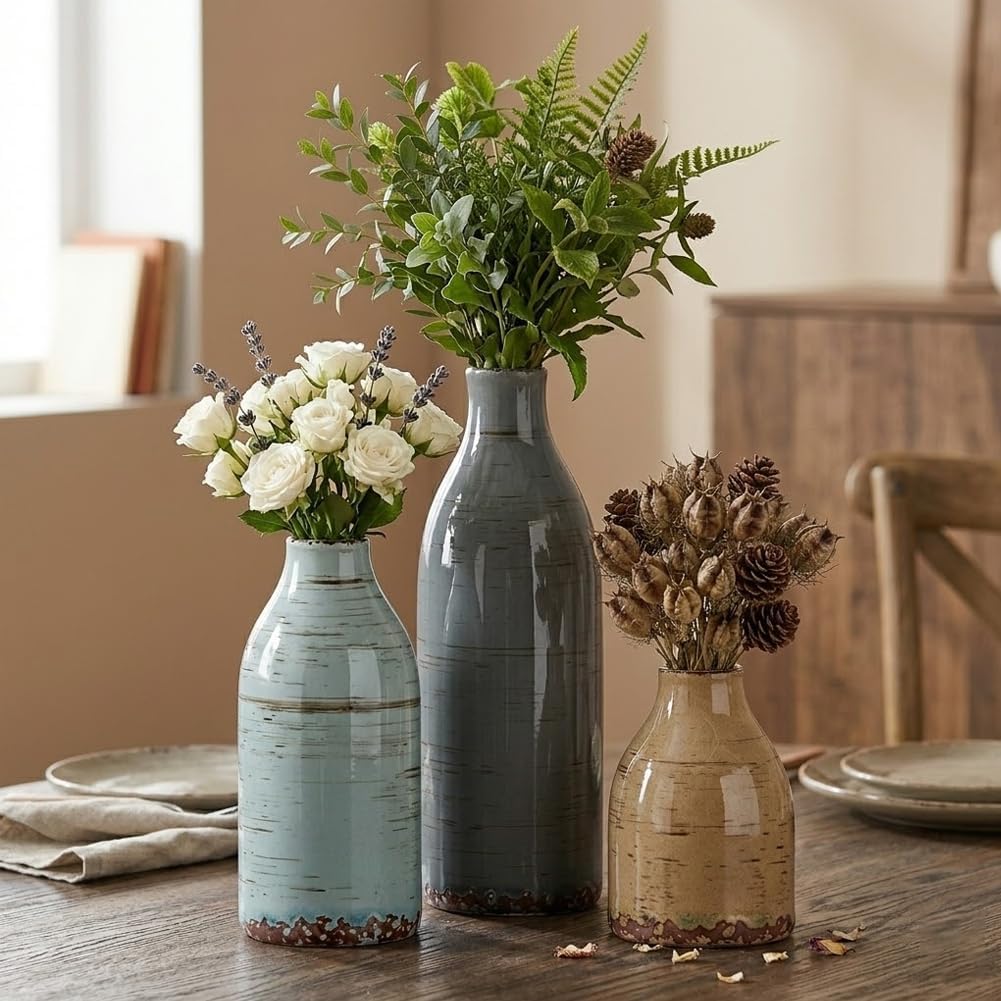 Ceramic Vase Set of 3, Small Flower Neutral Vases Home Decor, Pottery Rustic Farmhouse Decorative Vases, Modern Decor for Table Mantel Entryway Bookshelf Living Room Kitchen Bedroom