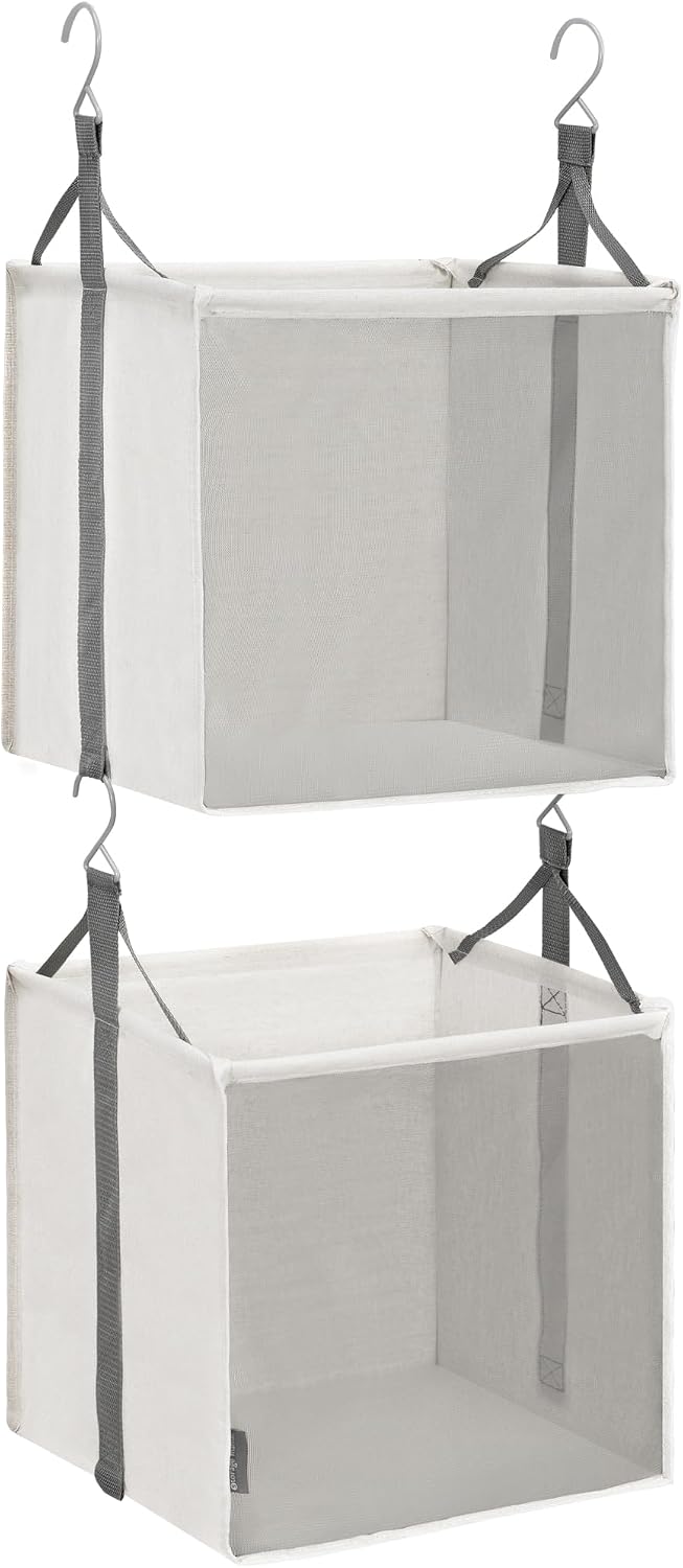 STORAGE MANIAC 2-Tier Hanging Closet Organizer, Fabric Storage Baskets with Hooks, Closet Shelves for Dorm Room, Apartment, Bedroom, Garment Rack & Wardrobe, Ivory