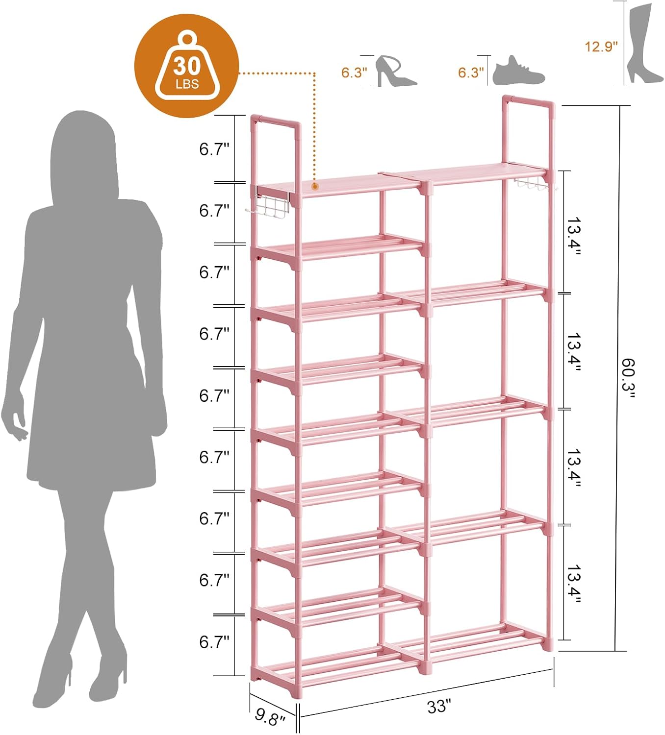 WOWLIVE 9 Tiers Large Shoe Rack Storage Organizer for Closet 50-55 Pairs Shoe Tower Unit Shelf Stackable Shoe Rack with Metal Pipes Plastic Connectors Black(SSS3B9)