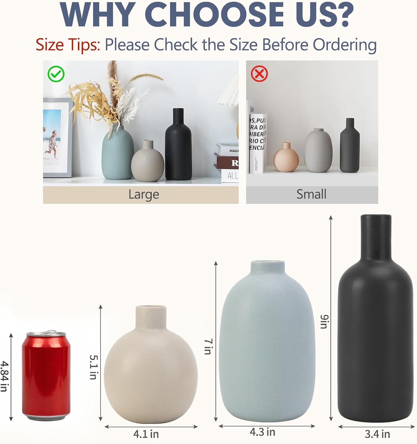 CUCUMI Ceramic Vase Set of 5, Home Decor Farmhouse Décor Handmade Pottery Vases for Pampas Grass, Dried Fresh Flowers, Table, Living Room, Kitchen, Shelf, Entryway Mantel Neutral Tones