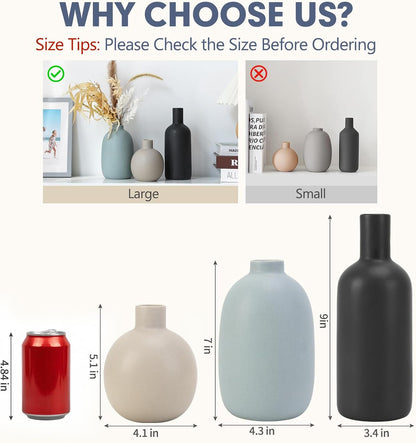 CUCUMI Ceramic Vase Set of 5, Home Decor Farmhouse Décor Handmade Pottery Vases for Pampas Grass, Dried Fresh Flowers, Table, Living Room, Kitchen, Shelf, Entryway Mantel Neutral Tones
