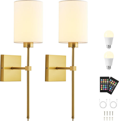 Battery Operated Wall Sconces Set of Two,Wireless Rechargeable Wall Light With Remote Control, Dimmable, Amber Light/Warm White/Natural White/Daylight/RGB, Timer,for Living Room,Bedroom,Entryway,Gold
