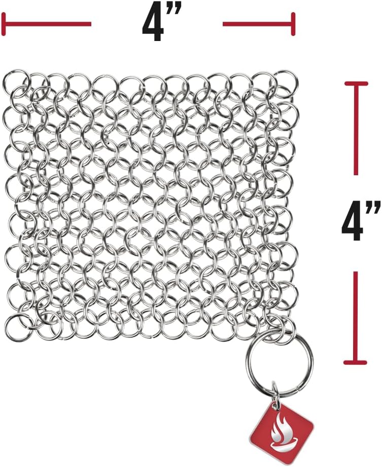 Knapp Made CM Scrubber 4" x 4" Small Ring Chainmail Cast Iron Scrubber, Premium Stainless Steel Mesh Cleaner for Pre-Seasoned Pans, Dutch Ovens, Grills and Skillets