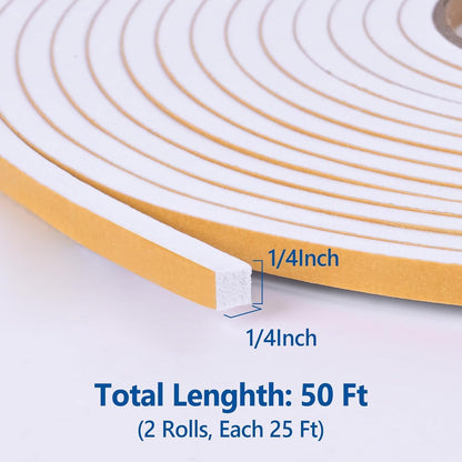 Self Adhesive Foam Tape Weatherstrip 1/2in x 1/4in x 42Ft High Density Foam Insulation Strips Foam Seal Weather Stripping with Strong Adhesive for Door and Window Sound Isolation Soundproofing, White