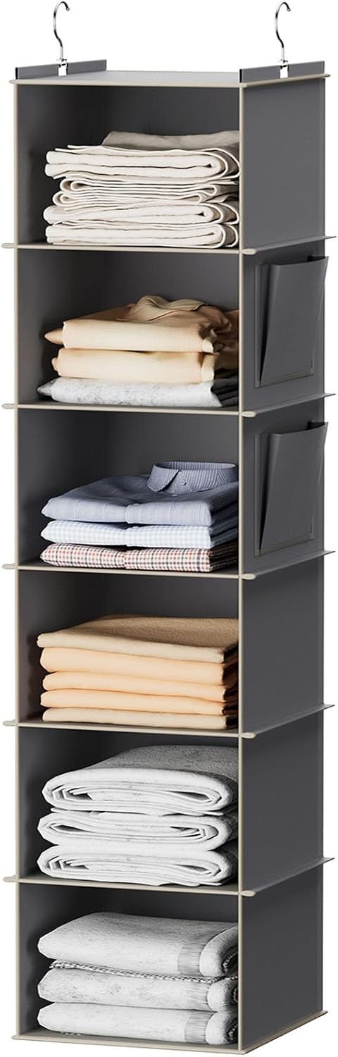 YOUDENOVA Hanging Closet Organizer, 6-Shelf Closet Hanging Storage Shelves, 2 Packs, Grey