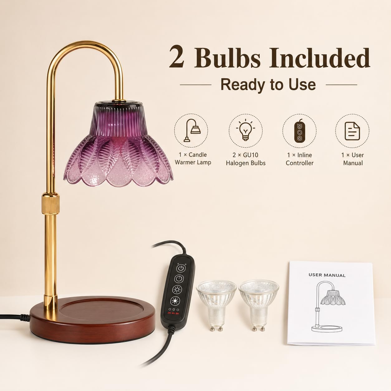 Candle Warmer Lamp with Timer, Dimmer, Vintage Glass Shade | Adjustable height, 2/4/8-hour timer, wood base, 2 bulbs included
