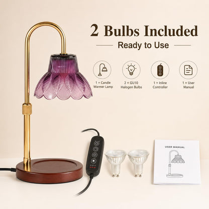 Candle Warmer Lamp with Timer, Dimmer, Vintage Glass Shade | Adjustable height, 2/4/8-hour timer, wood base, 2 bulbs included