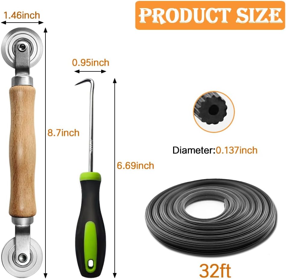 Screen Repair kit, Screen Roller Tool, Steel Roller with Bear+32ft Screen Spline+Removal Hook, 3 in 1 Window Screen Door Repair Kit,for Installing Door Window Mesh