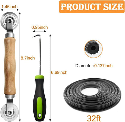 Screen Repair kit, Screen Roller Tool, Steel Roller with Bear+32ft Screen Spline+Removal Hook, 3 in 1 Window Screen Door Repair Kit,for Installing Door Window Mesh