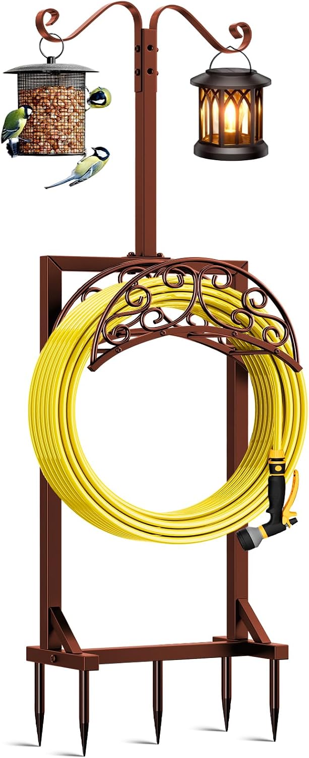Garden Hose Holder for Outside - Upgraded Water Hose Holders with 5 Spikes & 2 Shepherds Hooks, Freestanding Hose Stand Heavy Duty Hose Hanger Hose Storage Hose Reel Rack for Outside Yard Lawn