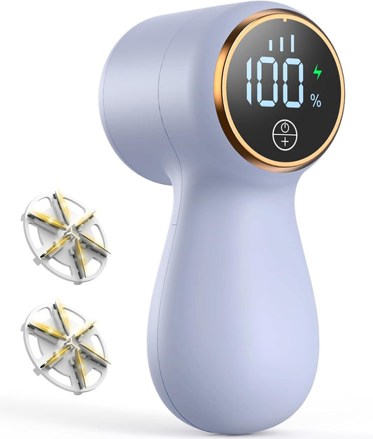 Rechargeable Fabric Shaver Lint Remover, Sweater Shaver with 3-Speed Control, LED Display Clothes Shaver, 6-Leaf Stainless Steel Blades, Suitable for Clothes, Sweater, Couch, Blanket, Wool (White)