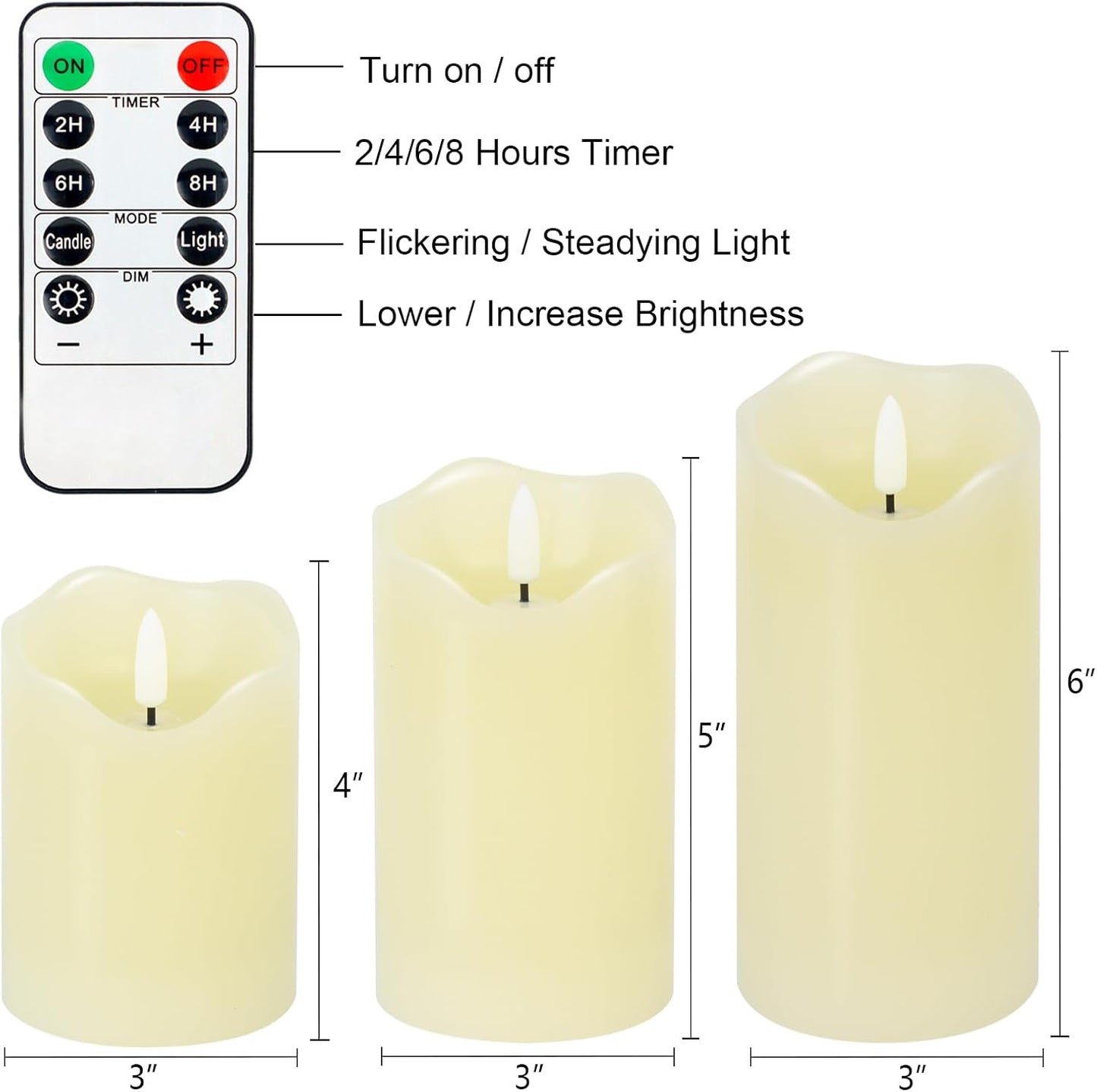 Flameless Candles Battery Operated with Remote Timer, 3D Flame Flickering, Last 500+ Hours Battery Candles, Ivory Real Wax LED Pillar Candle for Wedding Home Christmas Decorations, Set of 3