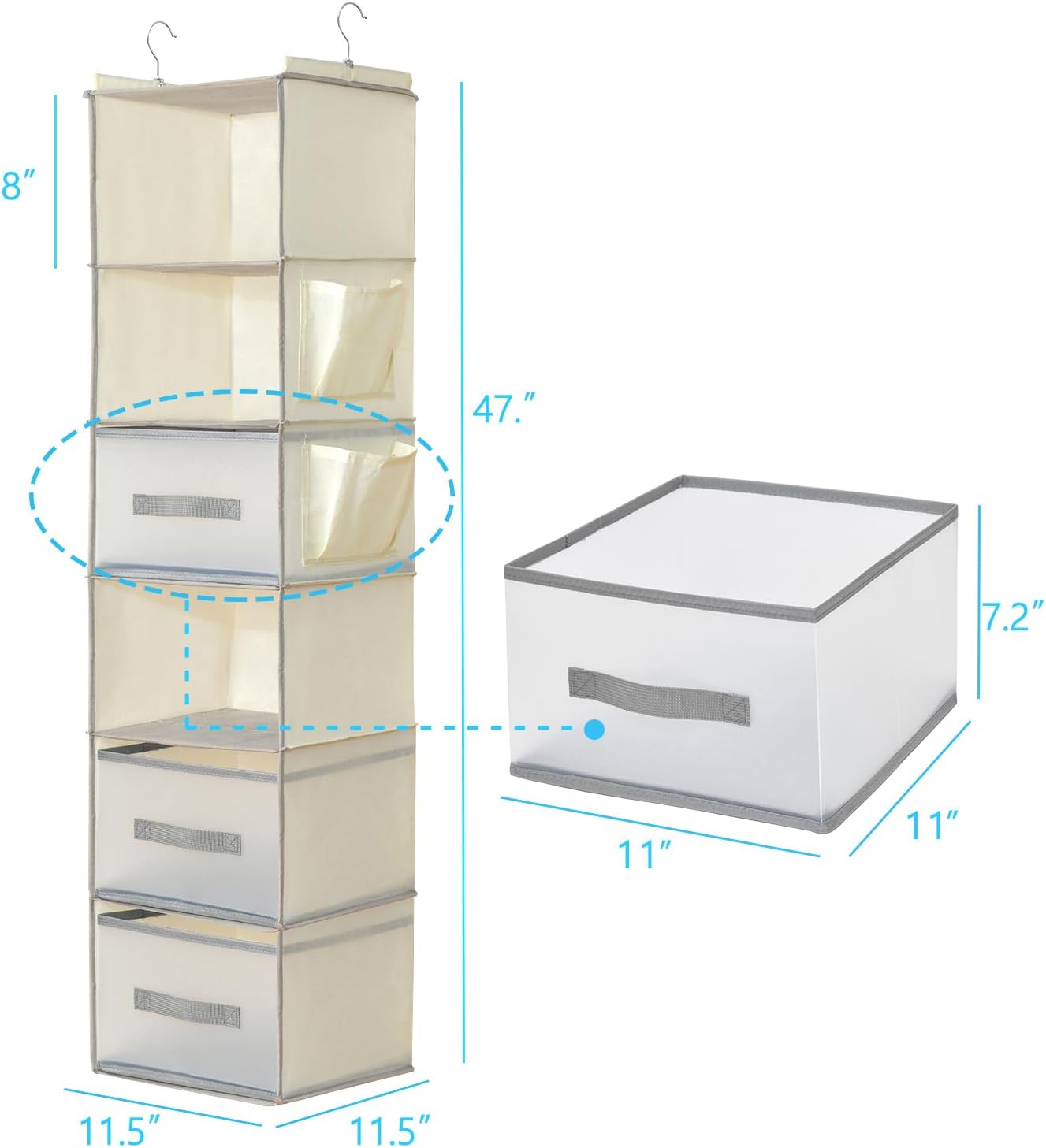 6-Shelf Hanging Closet Organizer with 3 Drawers & Side Pockets, Gray | Non-woven fabric, tool-free setup, ideal for bedrooms/dorms/RVs, 3 foldable transparent drawers for easy access