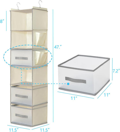 6-Shelf Hanging Closet Organizer with 3 Drawers & Side Pockets, Gray | Non-woven fabric, tool-free setup, ideal for bedrooms/dorms/RVs, 3 foldable transparent drawers for easy access