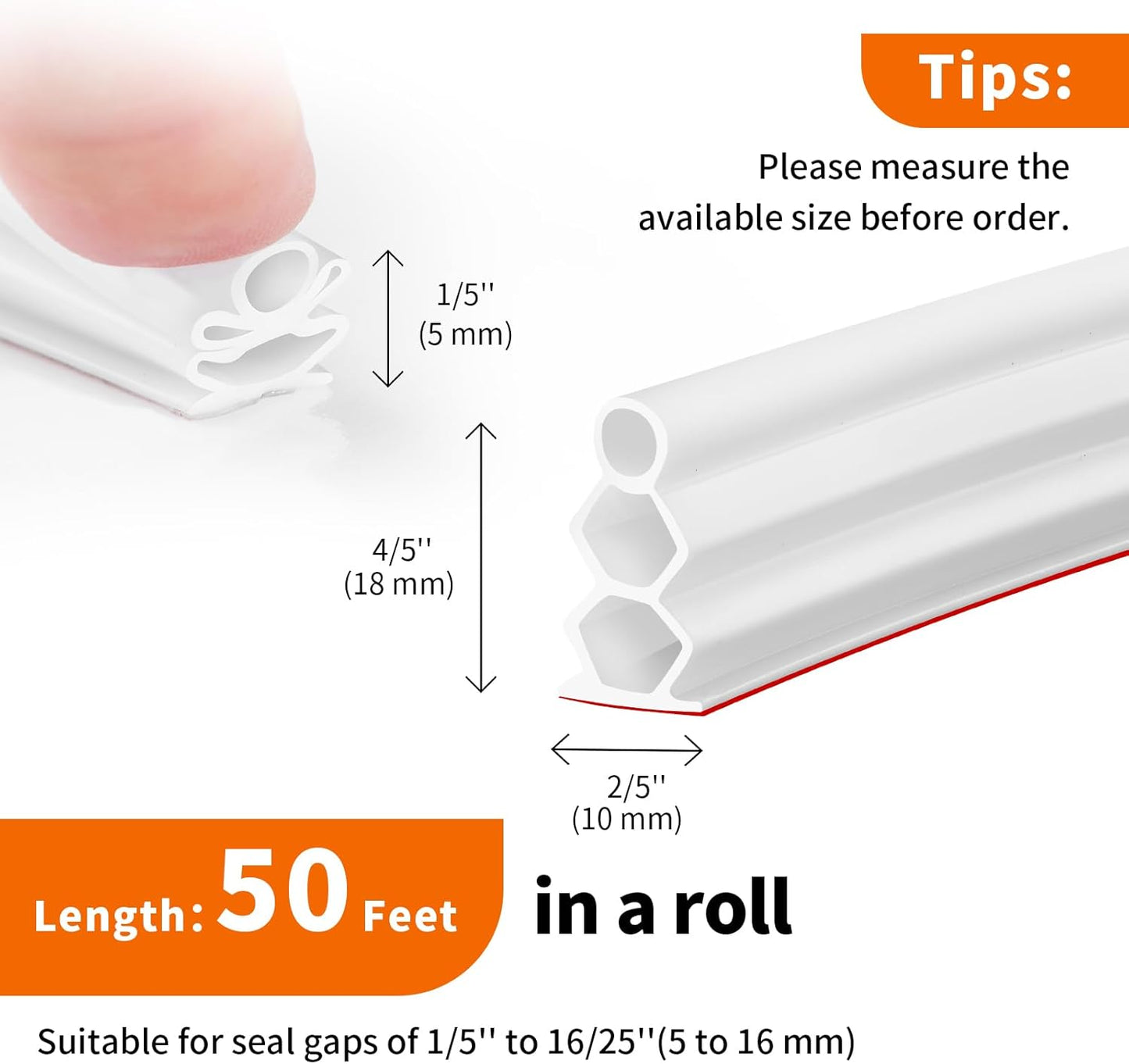 40 Feet Self-Adhesive Rubber Weather Stripping Fits Big Gaps, Extra Thick Rubber Door Weather Stripping Door Seal Strip for Door Frame Door Insulation Strip Waterproof(White)