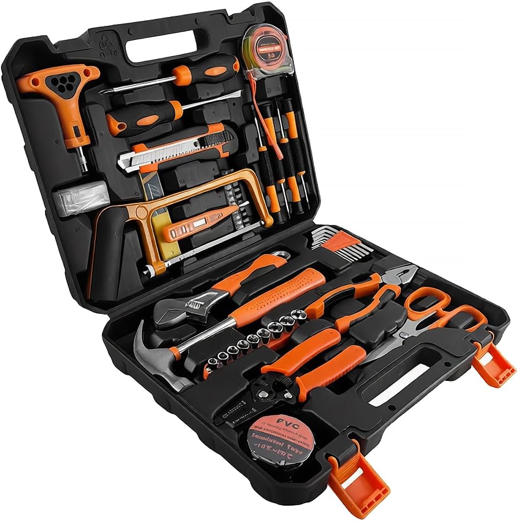 Professional 158-Piece Home Tool Kit, Orange and Black, Complete Household Repair Set with Carrying Case, Includes Screwdrivers, Hammer, Wrench Set, Wire Cutters, Measuring Tape