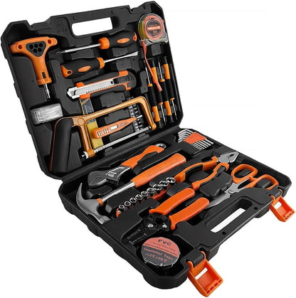 Professional 158-Piece Home Tool Kit, Orange and Black, Complete Household Repair Set with Carrying Case, Includes Screwdrivers, Hammer, Wrench Set, Wire Cutters, Measuring Tape