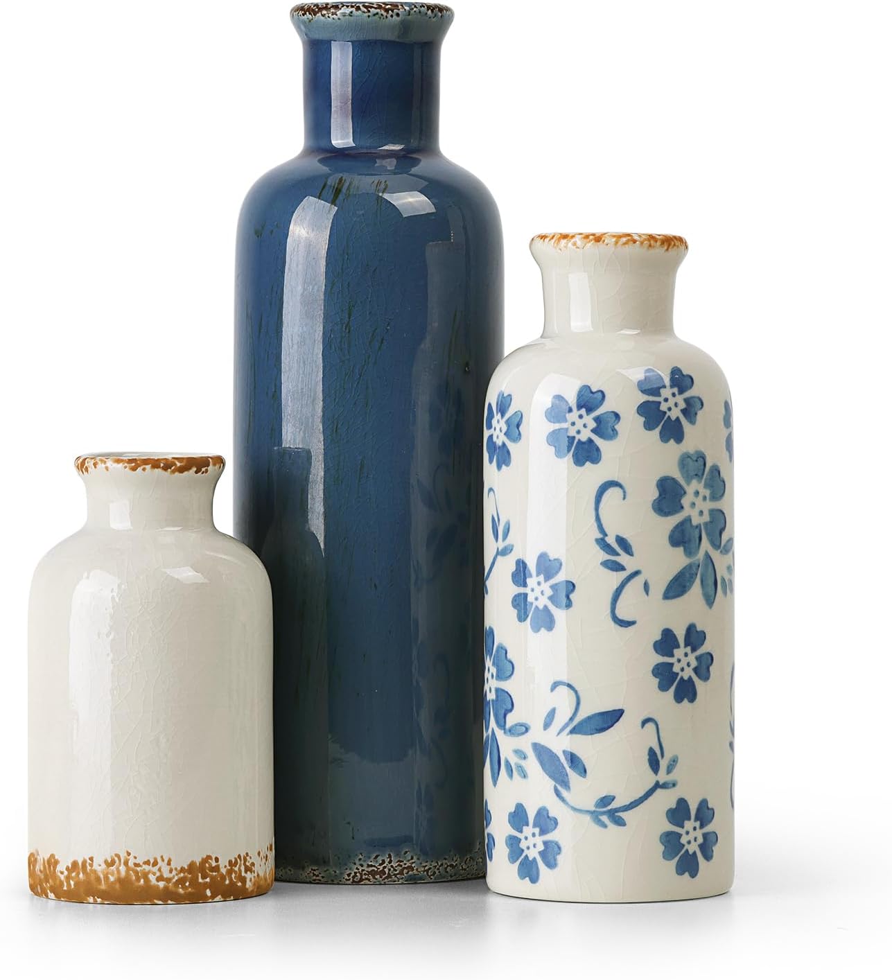 CUCUMI Ceramic Vase Set of 5, Home Decor Farmhouse Décor Handmade Pottery Vases for Pampas Grass, Dried Fresh Flowers, Table, Living Room, Kitchen, Shelf, Entryway Mantel Neutral Tones