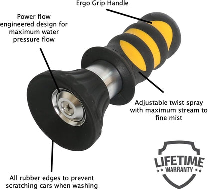 Rocky Mountain Goods Fireman’s Power Spray Nozzle - Heavy Duty High Pressure Fireman Sprayer for Garden Hose - Leakproof Guarantee - Ergo Handle - Adjust Heavy Stream to Mist - Max Water Flow