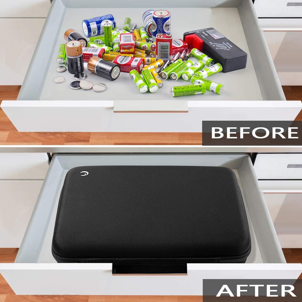 Comecase Battery Storage Case with Tester, Holds 148+ AA AAA C D 9V, Black | Hard-Shell Design, Carry Handle and Custom Foam Slots Keep Batteries Visible, Separated and Ready for Home, Garage or Office