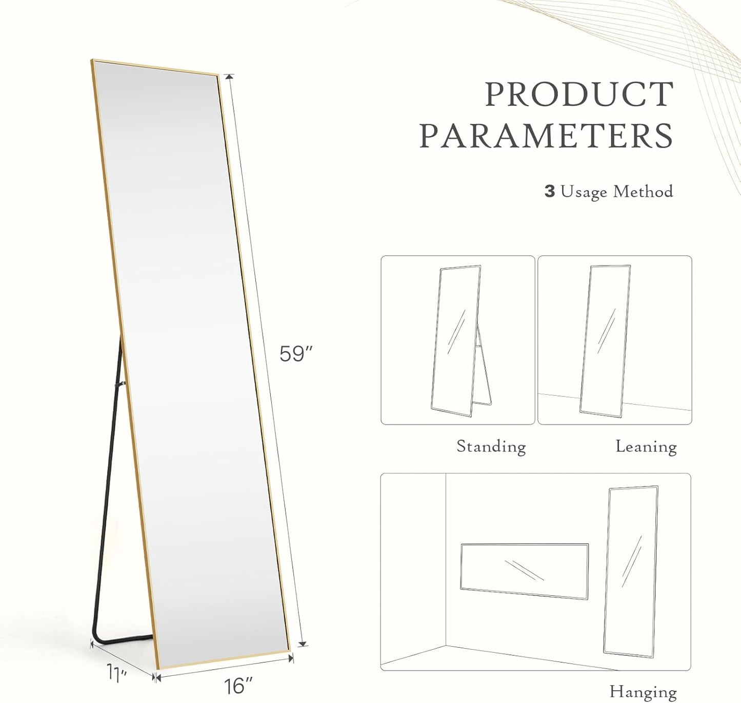 59"x16" Arched Full Length Mirror, Full Body Mirror with Leaning or Standing, Floor Standing Aluminum Frame for Bedroom, Livingroom, Cloakroom, Black