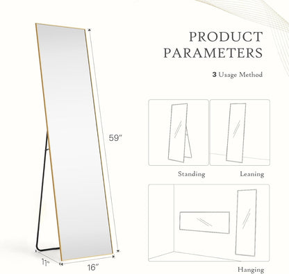 59"x16" Arched Full Length Mirror, Full Body Mirror with Leaning or Standing, Floor Standing Aluminum Frame for Bedroom, Livingroom, Cloakroom, Black