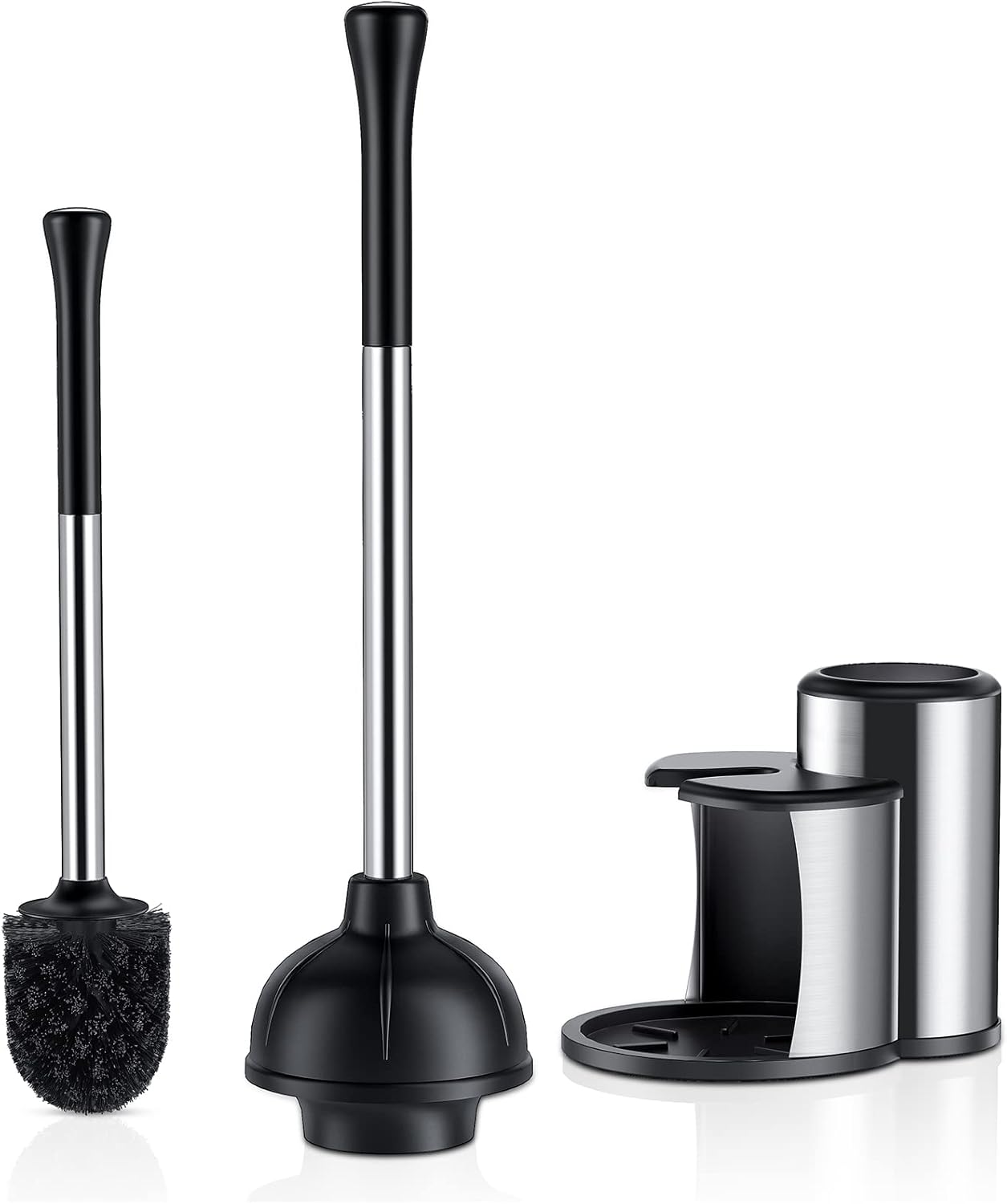 HAMITOR Toilet Plunger and Brush Set: Bathroom Powerful Cleaning Round Bristle Brush - Stainless Steel Heavy Duty Unclogging and Bowl Brush Combo - Compact Home Apartment Restroom Decor Accessories