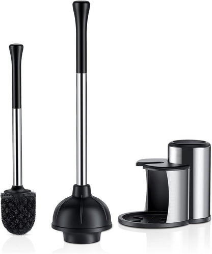 HAMITOR Toilet Plunger and Brush Set: Bathroom Powerful Cleaning Round Bristle Brush - Stainless Steel Heavy Duty Unclogging and Bowl Brush Combo - Compact Home Apartment Restroom Decor Accessories