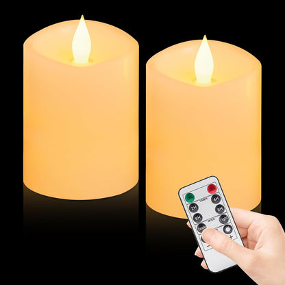 3"x4" Flickering Flameless Battery Candles with Timer, White Realistic LED Pillar Candles, Set of 2 Large Remote-Operated Candles for Home Indoor/Outdoor & Holiday Decor