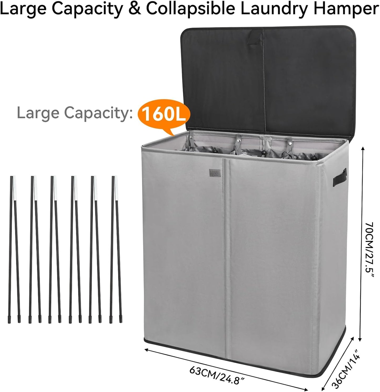 WOWLIVE Laundry Hamper with Lid,160L Large Laundry Basket 3 Section with Removable Washing Bags,Collapsible Waterproof Dirty Clothes Hamper for Laundry Room Bathroom Dorm,Beige