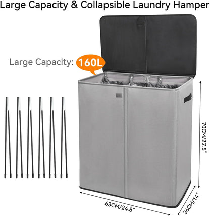 WOWLIVE Laundry Hamper with Lid,160L Large Laundry Basket 3 Section with Removable Washing Bags,Collapsible Waterproof Dirty Clothes Hamper for Laundry Room Bathroom Dorm,Beige