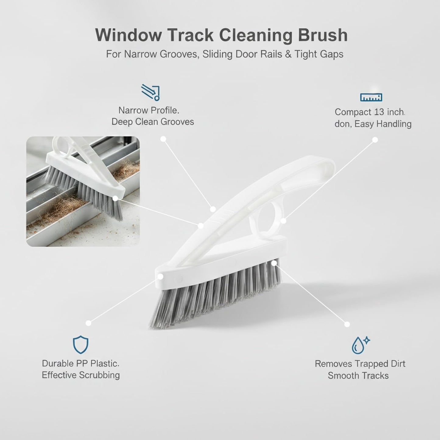 Window Track Cleaning Brush for Narrow Grooves, Rigid PP Scrubber for Sliding Door Rails & Tight Gaps (1 Pack)