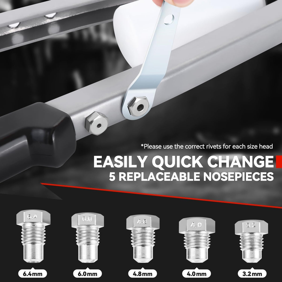 Auto Dynasty 21" Hand Riveter Rivet Nut Tool Set with 5 Guide Nozzle Silver Repair Hand Tool Kit Set for Home Household Office Warehouse