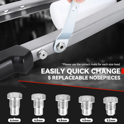 Auto Dynasty 21" Hand Riveter Rivet Nut Tool Set with 5 Guide Nozzle Silver Repair Hand Tool Kit Set for Home Household Office Warehouse