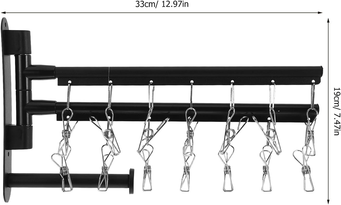 OSALADI Wall Mounted Utility Rack with 2-Tier Stainless Steel Multi Bar and 360° Rotating Arms, Black Clothes Drying Rack with No-Drill Installation and Strong Loadbearing for Laundry