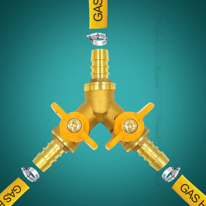 brass 3/4 inch O.D. barb three way shut off ball valve for gas hose air water pvc pex garden tubing fuel line, tee switch splitter fitting
