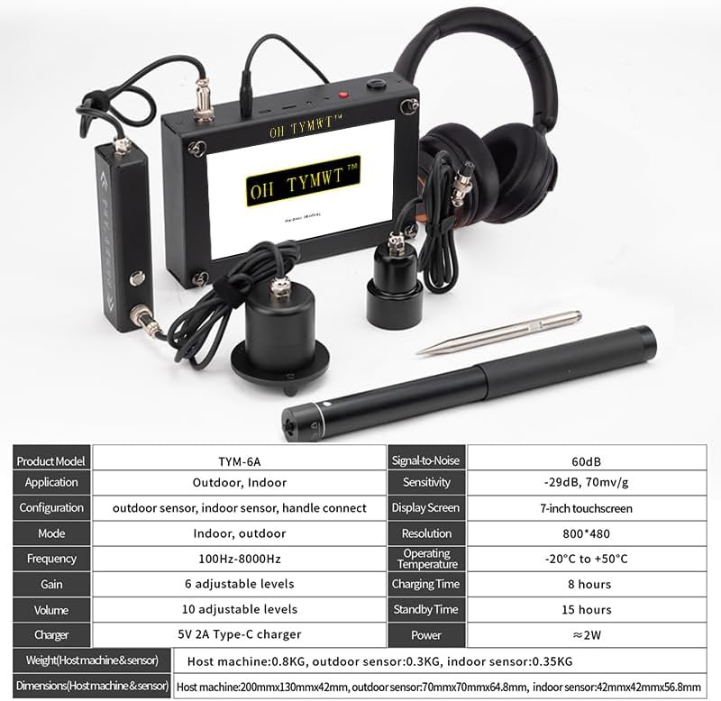 Al Water Leak Detector, Indoor Wall/Ground Under Slab Pipe Leak - TYM-3A | 2 Sensors, 0.5m/1.64ft, 100Hz-8000Hz, 15 Hours