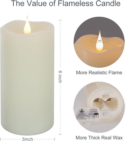 TECHLONG Flameless Candles with Remote Timer, 3D Moving Flickering Flame Battery Operated Candles Lasting 1000+ Hours, 3" x 5" Ivory Real Wax Electric LED Pillar Candles, Set of 2