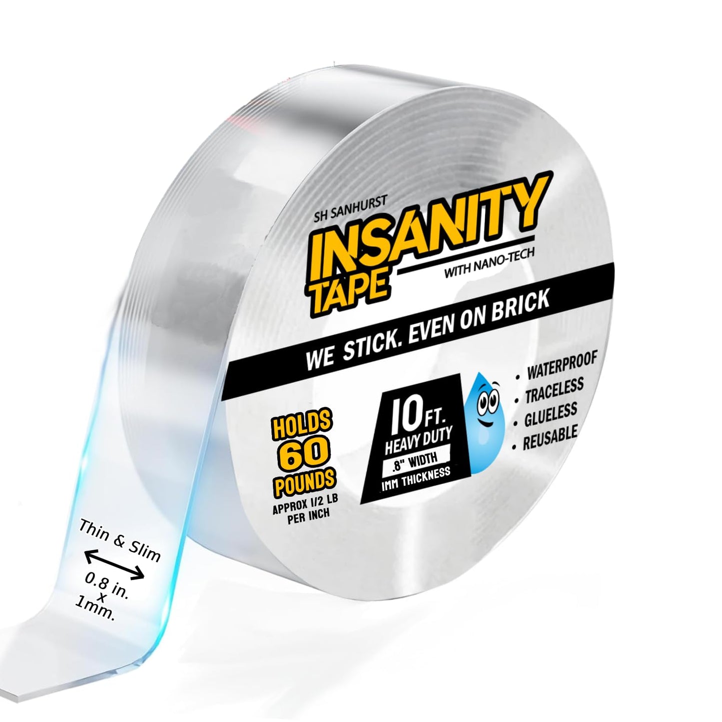 Insanity Thin Double Sided Tape Heavy Duty, Removable Nano Mounting Tape Safe for Walls & Floors, Traceless Adhesive Strip, Weatherproof, Strong Hold for Hanging Pictures, Posters & Doorbell Cameras