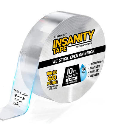 Insanity Thin Double Sided Tape Heavy Duty, Removable Nano Mounting Tape Safe for Walls & Floors, Traceless Adhesive Strip, Weatherproof, Strong Hold for Hanging Pictures, Posters & Doorbell Cameras