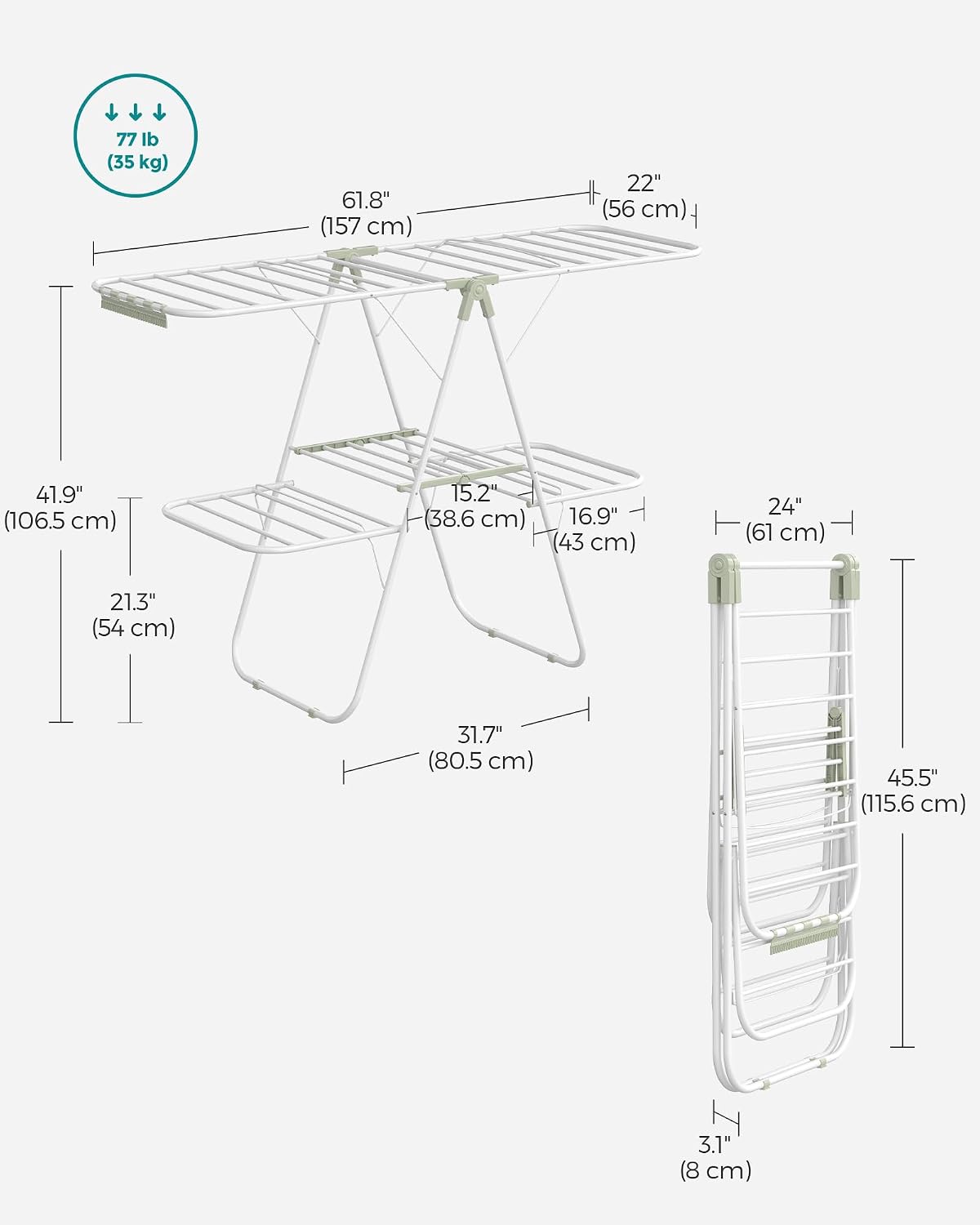 SONGMICS Clothes Drying Rack, Foldable 2-Level Laundry Drying Rack, Free-Standing Laundry Airer, with Height-Adjustable Wings, 33 Drying Rails, Sock Clips, Silver and Blue ULLR53BUV1