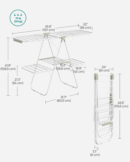 SONGMICS Clothes Drying Rack, Foldable 2-Level Laundry Drying Rack, Free-Standing Laundry Airer, with Height-Adjustable Wings, 33 Drying Rails, Sock Clips, Silver and Blue ULLR53BUV1