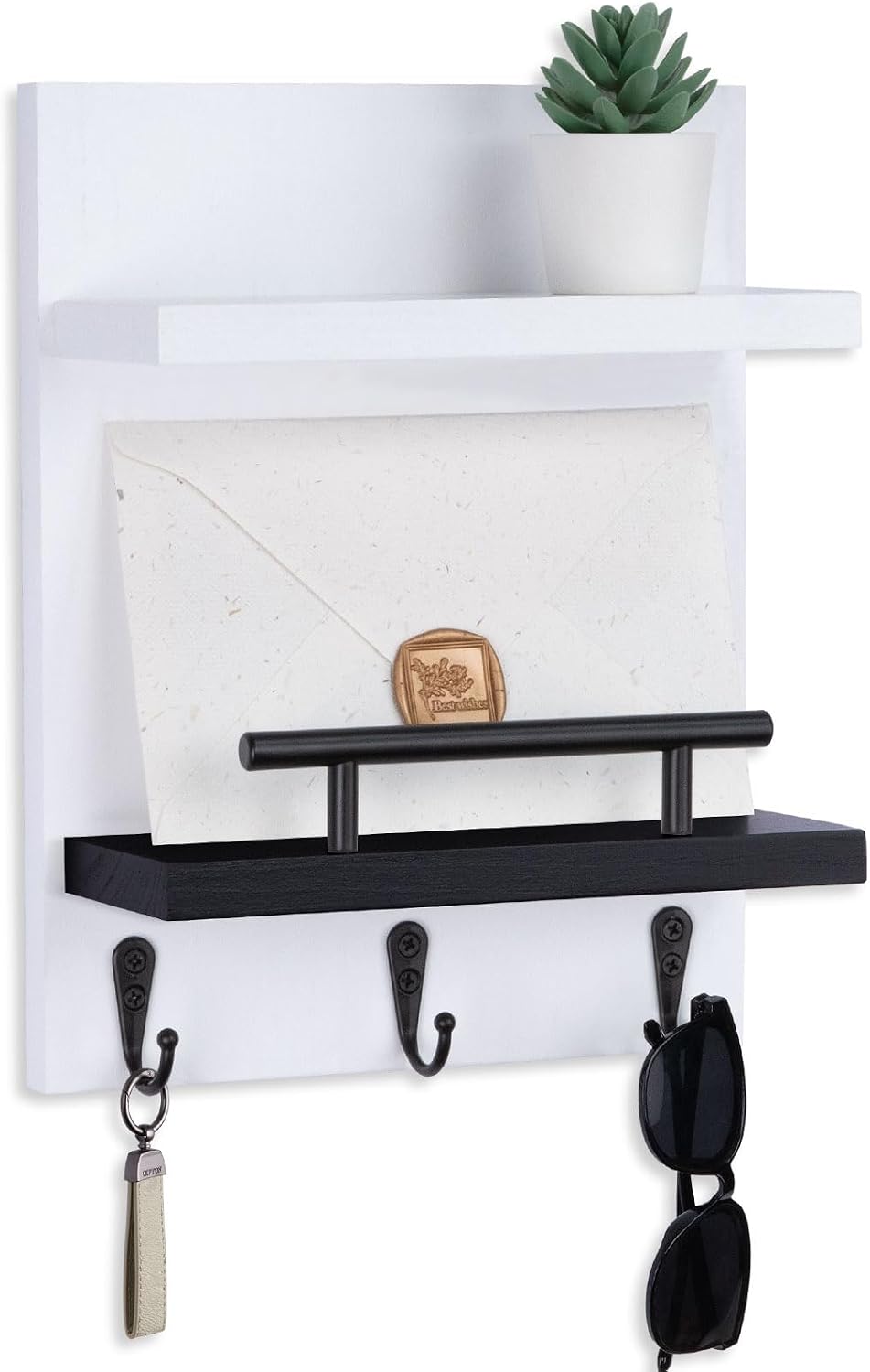 Key Holder Wall Mount, Mail Shelf Decor with 3 Key Hooks, Versatile Wood Wall Organizer for Entryway Hallway (8.2” x 10.6”x 3.6”) (White)