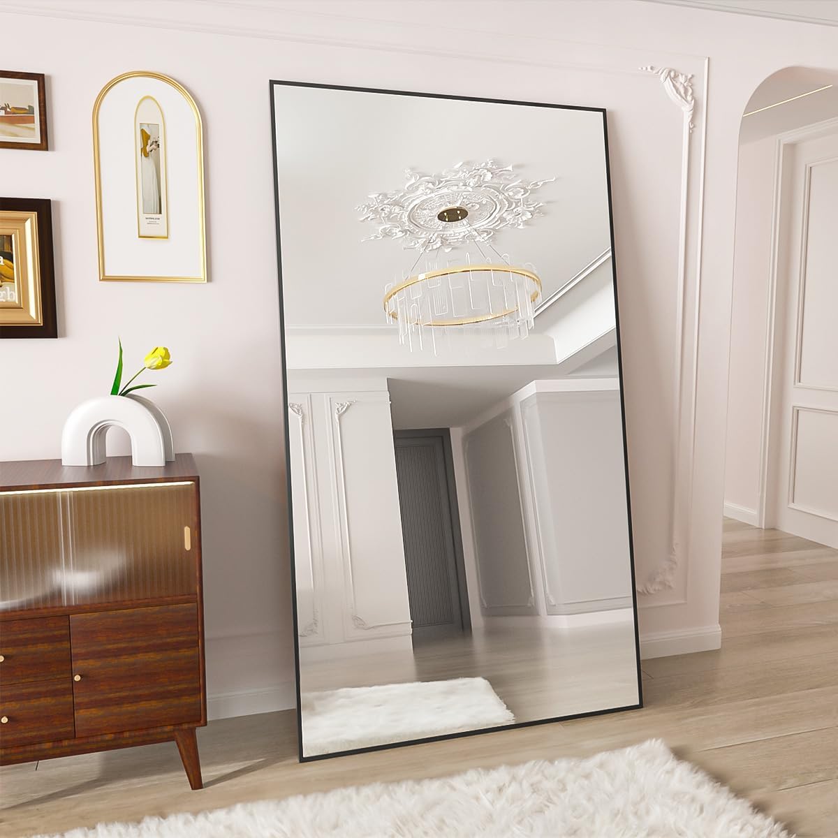 VooBang Mirror Full Length - 21" x 57" Floor Mirror with Stand, Aluminum Alloy Frame Full Body Mirror, Standing Hanging or Leaning Against Wall for Bedroom and Living Room, Black