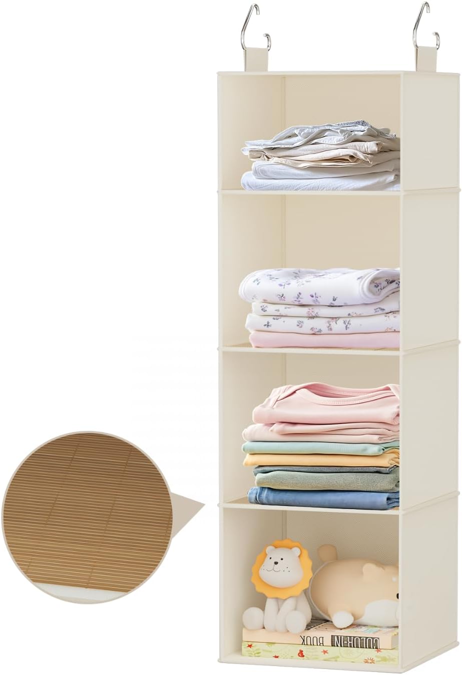 Hanging Shoe Organizer for Closet with 8 Shelves,Mesh Pockets-Wider Hanging Shelves for Shoes,Clothes,Hats with Sturdy Bamboo-Supported Design (Beige)