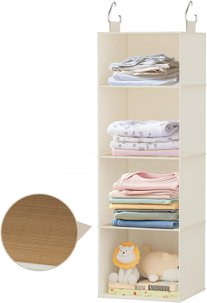 Hanging Shoe Organizer for Closet with 8 Shelves,Mesh Pockets-Wider Hanging Shelves for Shoes,Clothes,Hats with Sturdy Bamboo-Supported Design (Beige)