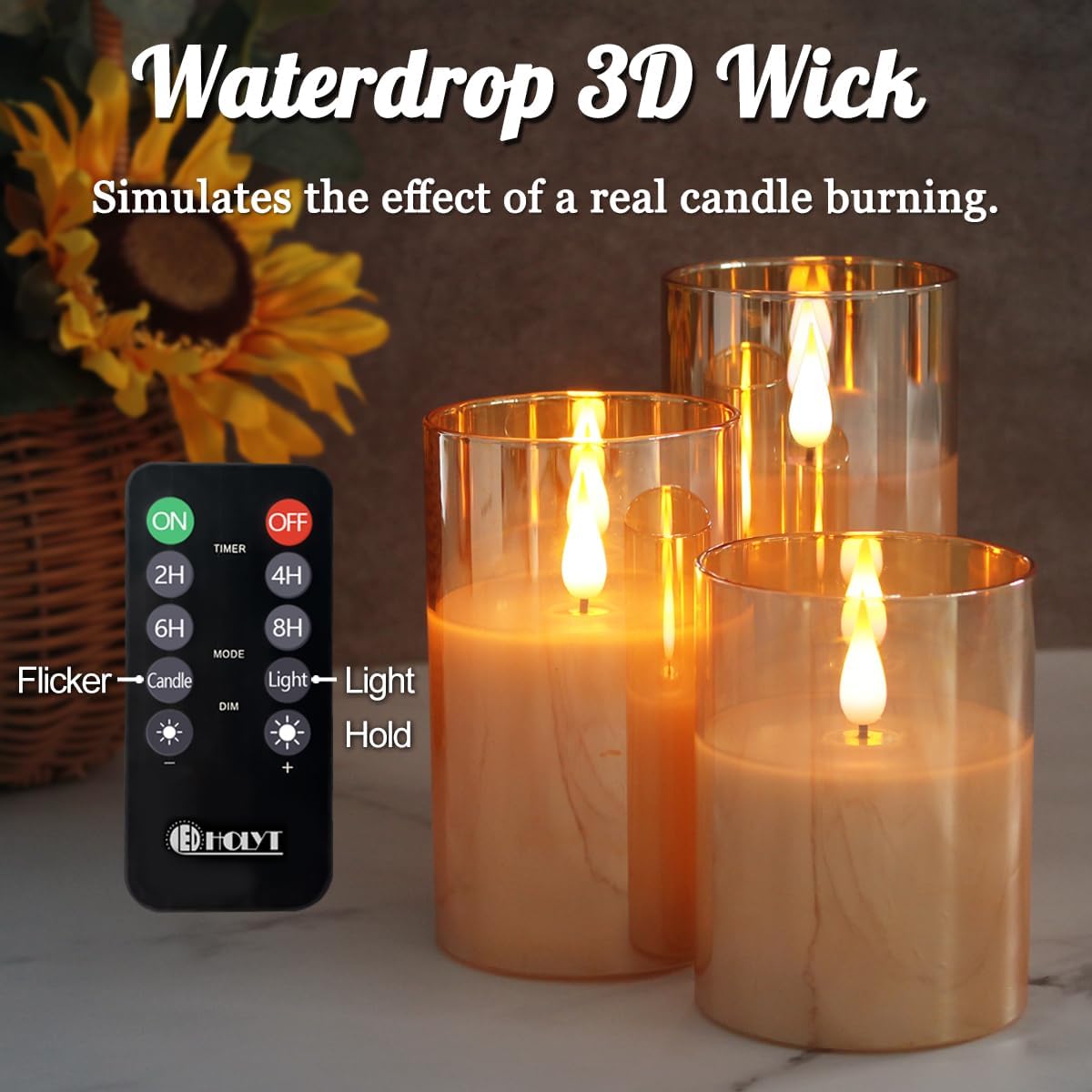 LEDHOLYT Rechargeable Flameless Glass Pillar Candles–Gifts for Women,–Set of 3, Realistic Flickering LED Light,Remote & Timer, Ideal for Living Room, Bedroom & Festival Wedding Home Party Decor